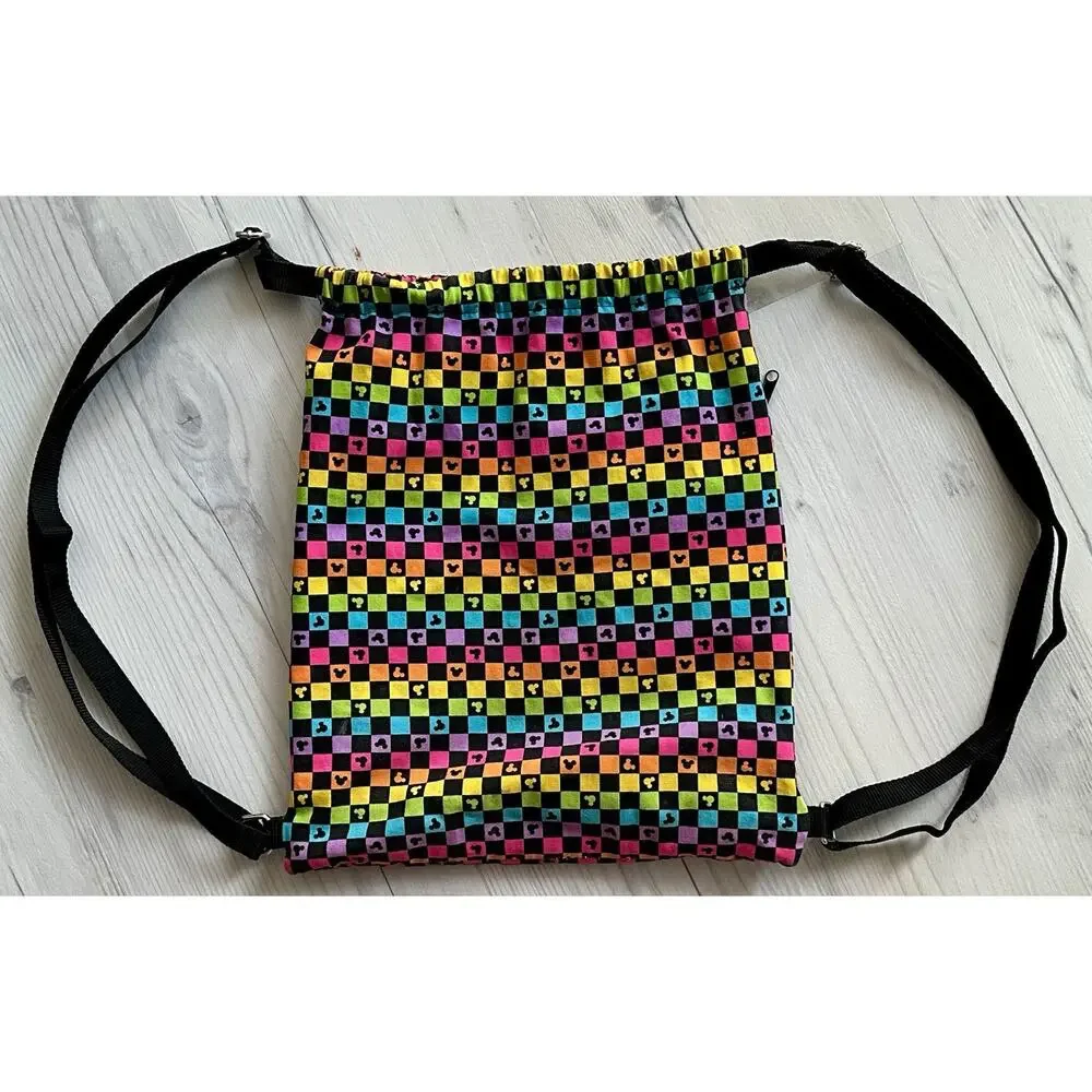 Disney Parks Mickey Black Rainbow Design Draw String Backpack Side Zipper Pocket